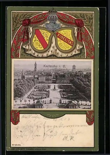 Passepartout-Lithographie Karlsruhe i. B., Platz mit Denkmal, Wappen