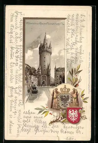 Passepartout-Lithographie Frankfurt /Main, Eschenheimer Turm, Strassenpartie, Stadtwappen