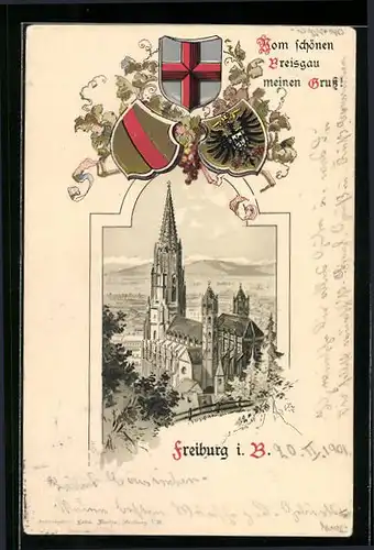 Passepartout-Lithographie Freiburg i. B., Münster, Wappen