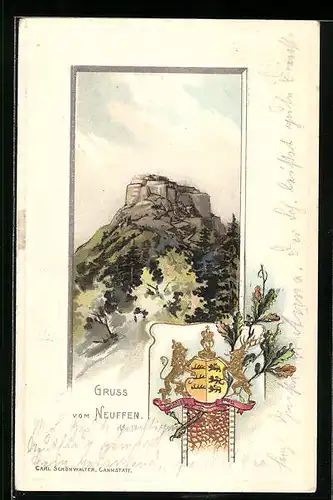 Passepartout-Lithographie Neuffen, Ruine Hohen-Neuffen, Wappen