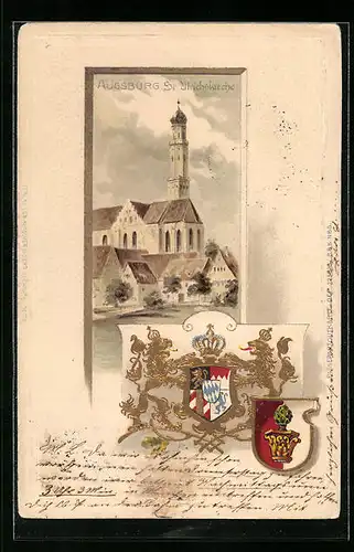 Passepartout-Lithographie Augsburg, Partie an der St. Ulrichskirche, Wappen