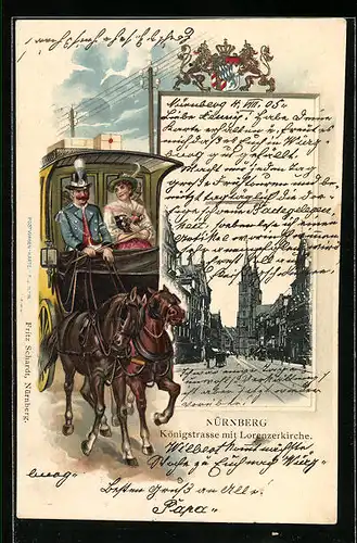 Passepartout-Lithographie Nürnberg, Königstrasse mit Lorenzerkirche, Wappen