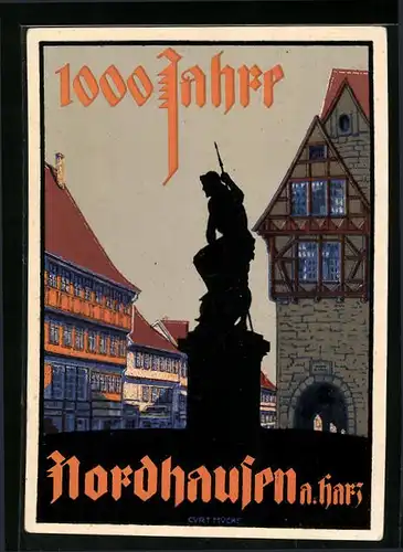 Künstler-AK Nordhausen, Jahrtausendfeier 1927, Denkmal und Fachwerkhäuser