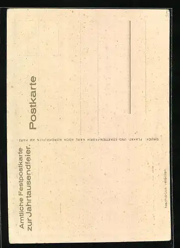 Künstler-AK Nordhausen, Jahrtausendfeier 1927, Denkmal und Fachwerkhäuser