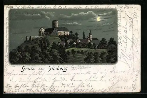 Passepartout-Lithographie Gleiberg, Ortsansicht mit Burg