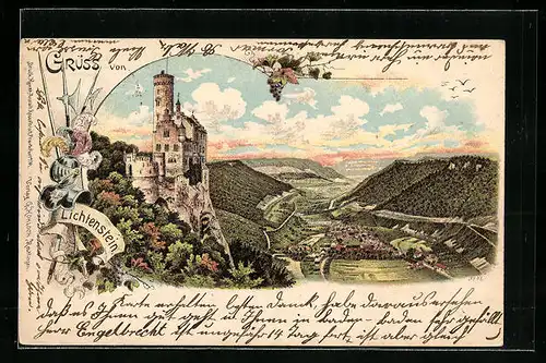 Lithographie Honau, Burg Lichtenstein, Blick ins Tal
