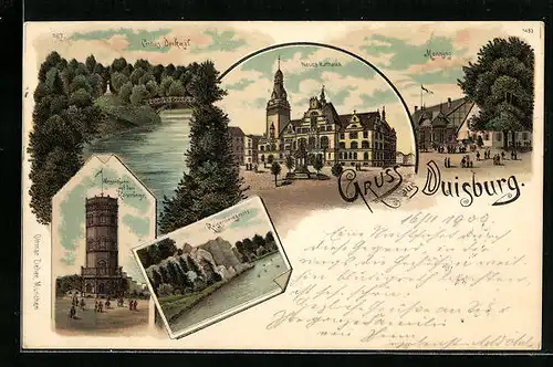 Lithographie Duisburg, Gasthaus Monning, Neues Rathaus, Wasserturm auf dem Kaiserberge