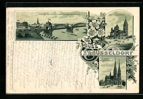 Lithographie Düsseldorf, Uferpartie nach Fertigstellung der neuen Rheinbrücke, Neue St. Rochuskirche