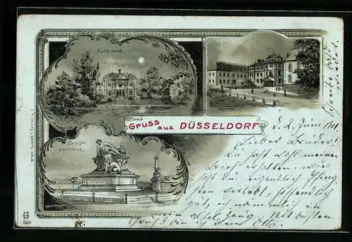 Lithographie Düsseldorf, Gasthaus Jägerhof, Kunsthalle, Krieger-Denkmal