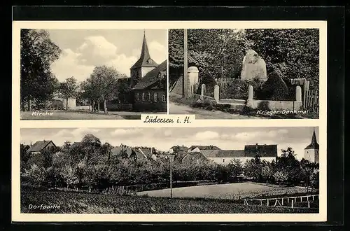 AK Lüdersen i. H., Kirche, Krieger.Denkmal und Dorfpartie