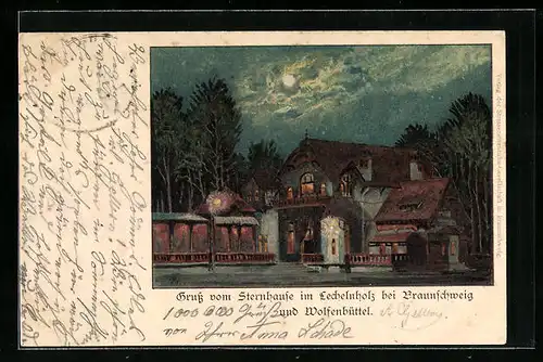 Lithographie Wolfenbüttel, Gasthaus Sternhaus im Lechelnholz bei Nacht
