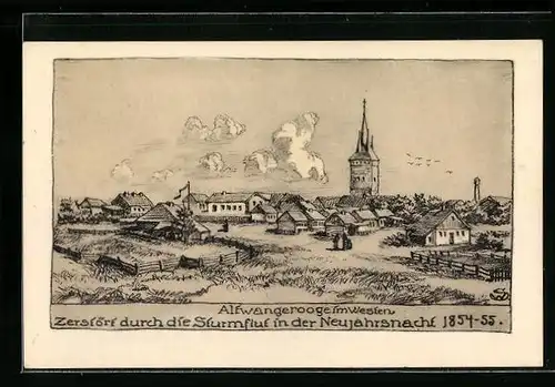 Künstler-AK Wangerooge, Altwangerooge im Westen, Zerstört durch Sturmflut i. d. Neujahresnacht 1854-55