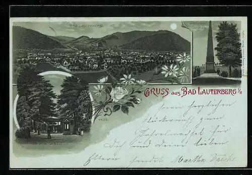Mondschein-Lithographie Bad Lauterberg i. H., Ritscher-Denkmal, Kur-Quelle, Ortsansicht