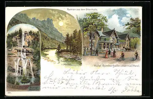 Lithographie Okerthal /Harz, Hotel Romkerhalle, Rabenklippe, Wasserfall