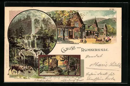 Lithographie Oker, Gasthaus Romkerhalle, Wasserfall, Ortspartie