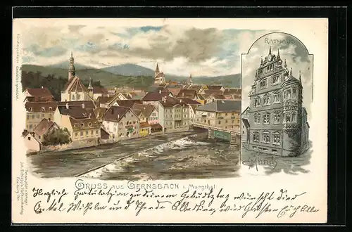 Lithographie Gernsbach /Murgthal, Rathaus, Ortspartie mit Kirchen und Rathaus