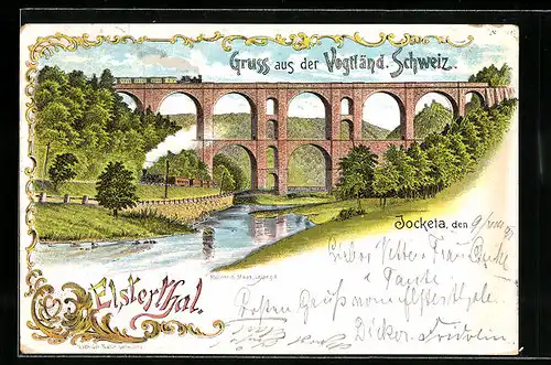 Lithographie Jocketa, Blick zur Elstertalbrücke, Eisenbahn