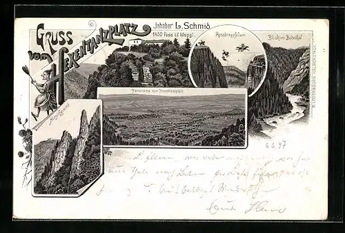 Lithographie Thale, Hotel auf dem Hexentanzplatz, Panorama vom Hexentanzplatz aus, Rosstrappfelsen