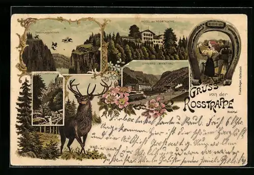 Lithographie Thale /Harz, Hotel Rosstrappe im Bodethal, Rosstrappfelsen, Wanderer