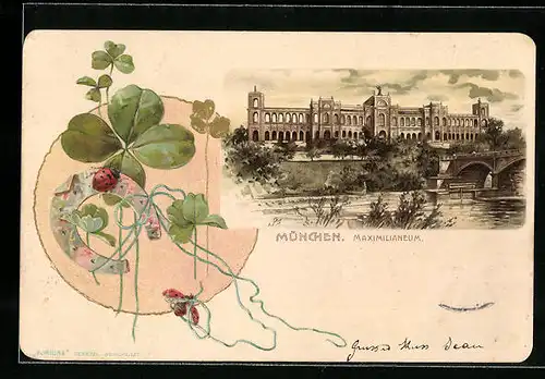 Präge-Lithographie München, Maximilianeum, Kleeblätter, Marienkäfer