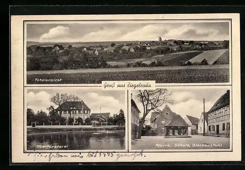 AK Ziegelroda, Ortsansicht m. Oberförsterei, Pfarre u. Glockenstuhl