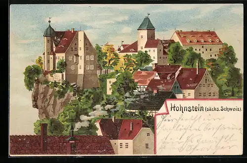 Lithographie Hohnstein, Totalansicht mit Schloss