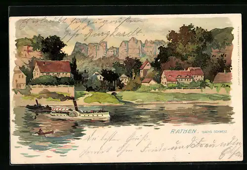 Lithographie Rathen, Gesamtansicht mit Dampfer