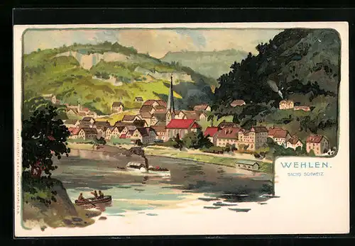 Lithographie Wehlen /Sächs. Schweiz, Teilansicht mit Kirche