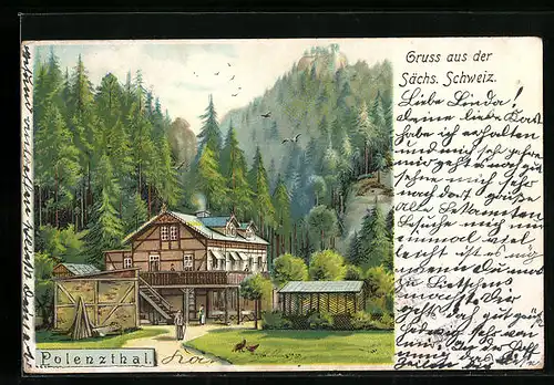 Lithographie Polenzthal / Sächs. Schweiz, Gebäude und Felspartie