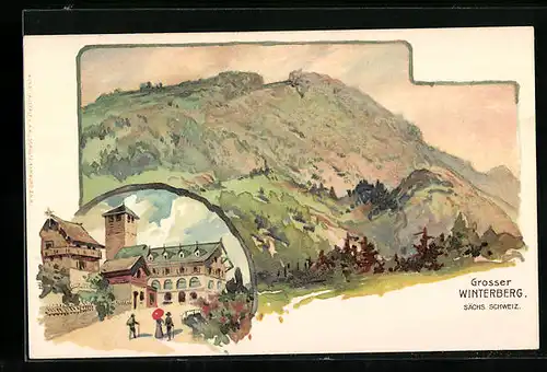 Lithographie Grosser Winterberg /sächs. Schweiz, Kleine Strassenpartie und Blick auf den Winterberg