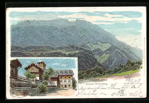 Lithographie Schandau, Grosser Winterberg, Gasthaus