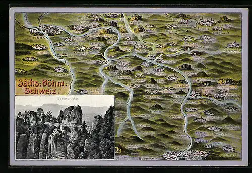 AK Bad Schandau, Geografische Karte von der Sächsisch-Böhm. Schweiz mit Basteibrücke