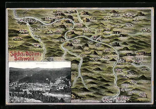 AK Bad Schandau, Geografische Karte von der Sächsisch-Böhm. Schweiz, Blick auf Bad Schandau