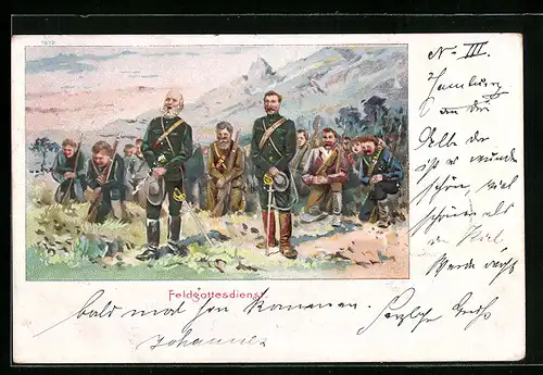 Lithographie Soldaten bei einem Feldgottesdienst, Burenkrieg