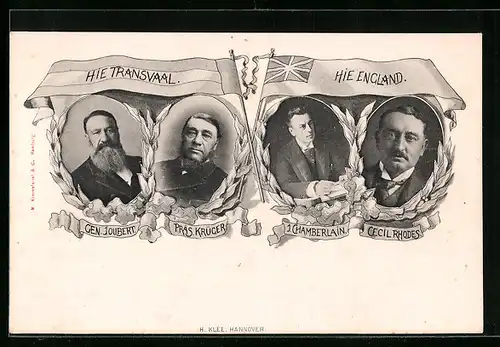 Passepartout-AK Hie Transvaal, hie England, Portraits Joubert, Krüger, Chamberlain, Rhodes