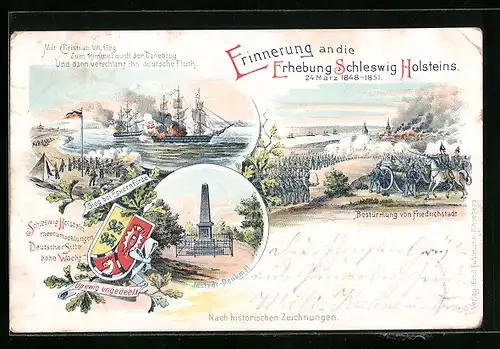 Lithographie Friedrichstadt i. H., Sieg bei Eckernförde, Idstedt-Denkmal, Erhebung Schleswig Holsteins 1948-1851