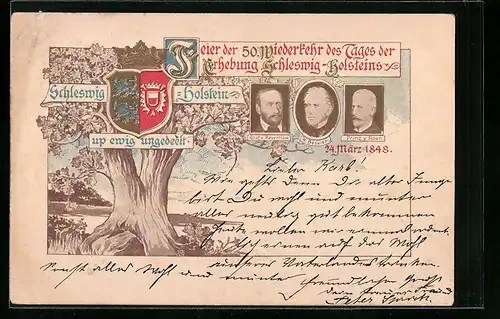 AK Tag der Erhebung Schleswig-Holsteins 1848, Jubiläum 1898, Eiche, Prinz von Noer, Wappen