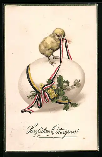 AK Osterküken auf einem Ei mit Zweibund-Banderolen