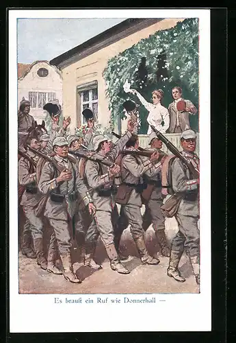 AK Frau winkt mit Taschentuch Zug von Soldaten