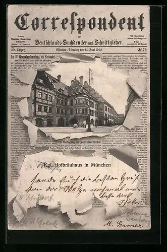 AK München, Münchner Hofbräuhaus durch zerrissene Zeitung Correspondent, Passepartout