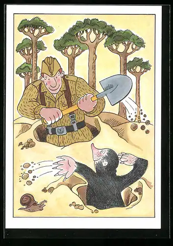 Künstler-AK NVA-Pionier und Maulwurf buddeln um die Wette