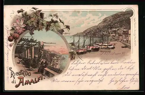 Lithographie Amalfi, Boote im Hafen, Blick von den Terrassen