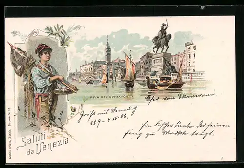 Lithographie Venedig, Junger Fischer, Riva del Schiavoni