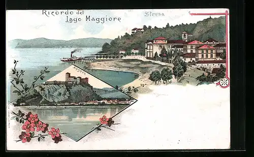 Lithographie Stresa, Ricordo del Lago Maggiore, Panorama von Stresa, Angera