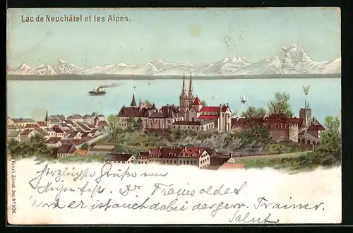 Lithographie Neuchatel, Lac de Neuchatel et les Alpes mit Berggesichtern