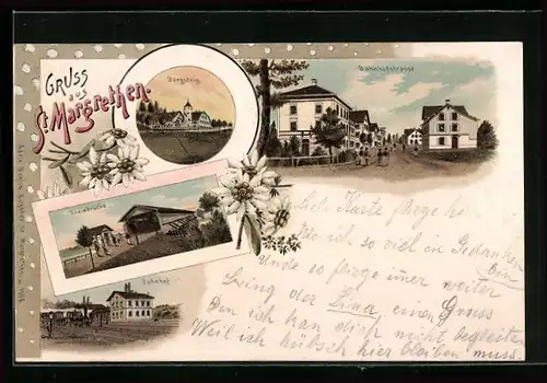 Lithographie St. Margrethen, Bahnhof von der Gleisseite, Bahnhofstrasse, Rheinbrücke