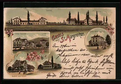 Lithographie St. Margrethen, Gasthaus zum Ochsen, Hotel Bahnhof und Handlung von B. Keller-Mafli