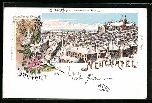 Winter-Lithographie Neuchâtel, Totale des Ortes