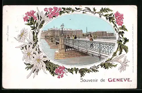 Winter-Lithographie Geneve, Stadtansicht mit Brücke und Passanten