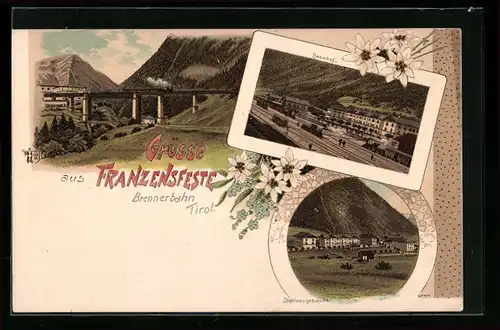 Lithographie Franzensfeste, Ortsansicht mit Bahnhof
